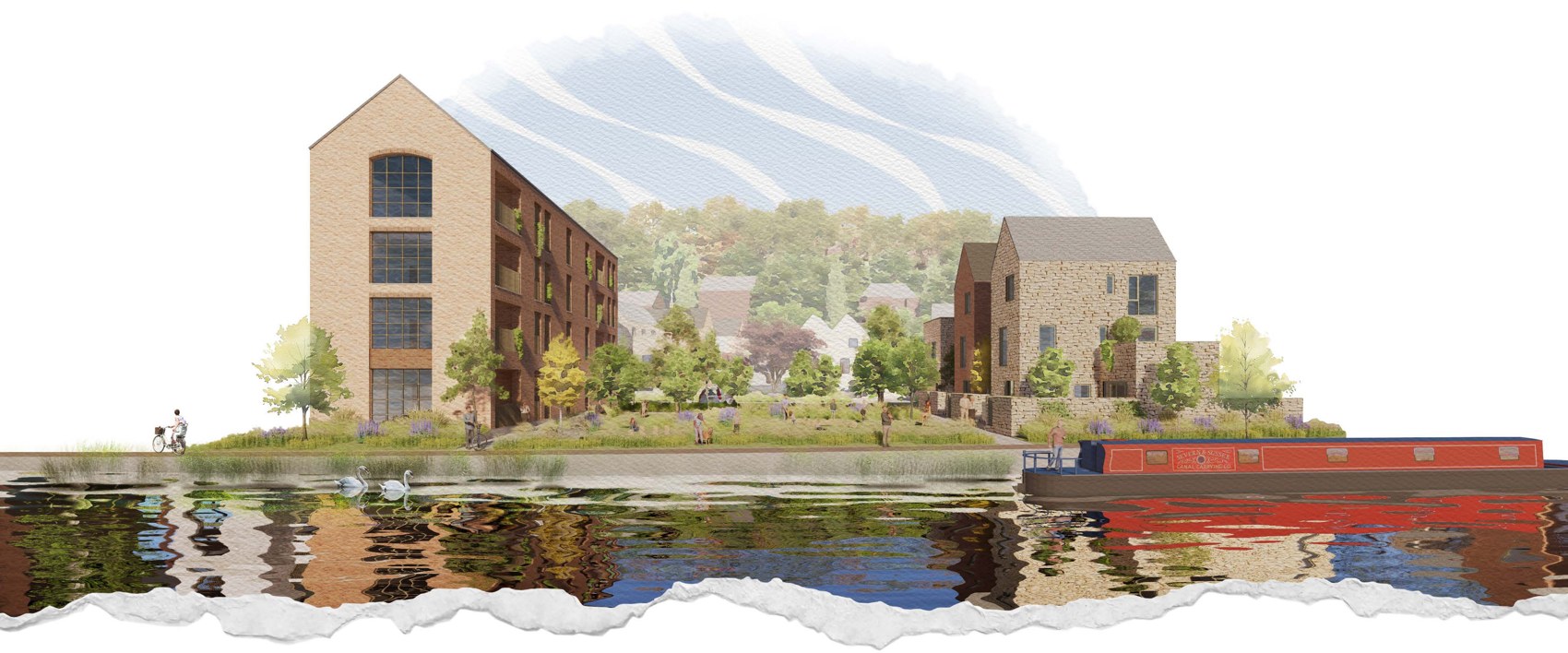 Illustrative canalside park view in the December 2024 Brimscombe Port consultation proposals.